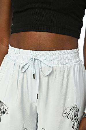 KADIN BELİ LASTİKLİ RAHAT KALIP BOL PAÇA TAŞ İŞLEMELİ PANTOLON