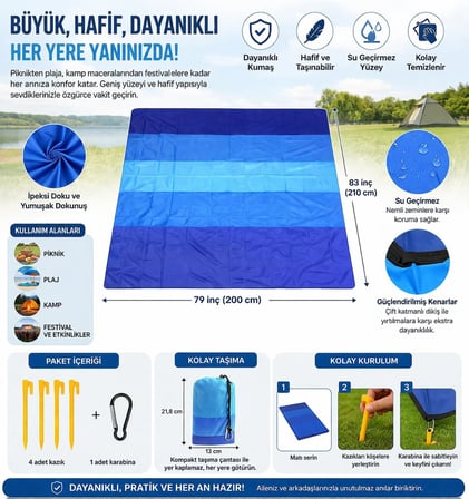 Plaj Battaniyesi, Kum Geçirmez Plaj Paspası 200,6 cm X 210,8 cm / 2-8 Yetişkin için Su Geçirmez Hızlı Kuruyan Açık Hava Piknik Matı Seyahat, Kamp, Yürüyüş için