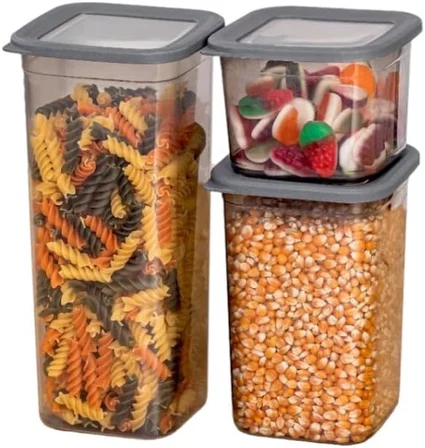 3'lü Set Sızdırmaz Kapaklı Kare Erzak Saklama Kabı 650Ml - 1300Ml - 1900Ml Antrasit