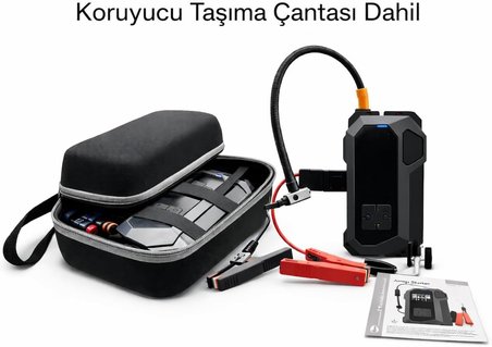4 in 1 Akıllı Oto Akü Takviye Cihazı, 16000mAh, 12V Dizel/Benzinli Araçlar için, Hava Kompresörü, El Feneri, Powerbank
