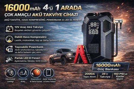 4 in 1 Akıllı Oto Akü Takviye Cihazı, 16000mAh, 12V Dizel/Benzinli Araçlar için, Hava Kompresörü, El Feneri, Powerbank