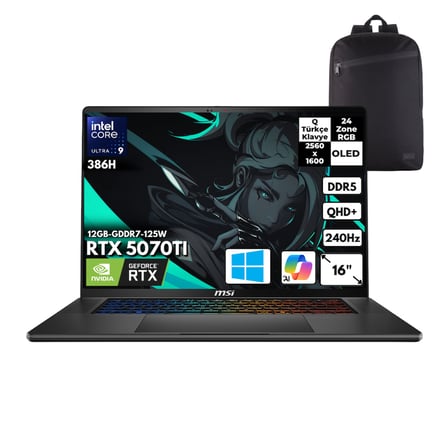 MSI Stealth 16 AI+ Ultra 9 386H 64-GBDDR5 2 TBSSD RTX5070Tİ (12 GB-GDDR7-125W) 16" OLED Windows 11 Home + HMF Sırt Çantası B3WH-011TRHMF6