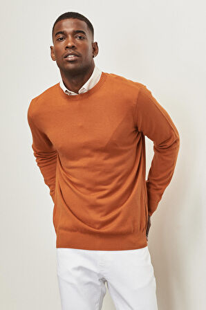 Erkek Kiremit Standart Fit Normal Kesim Bisiklet Yaka Triko Kazak