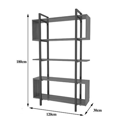 Amorian Serisi Kitaplık 5 Raflı 120 cm Ceviz Desen Siyah Metal Ayak Kitaplık