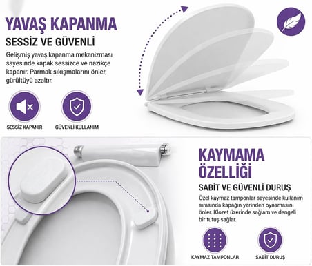 Kare Slim Ultra İnce Yavaş Kapanan Klozet Kapağı, Soft Close Sessiz Mekanizma, Kaymaz Tabanlı Sabit Duruş, Dayanıklı Durolast Malzeme, Kolay Montajlı Universal Uyumlu WC Kapak, Hijyenik ve Uzun Ömürlü