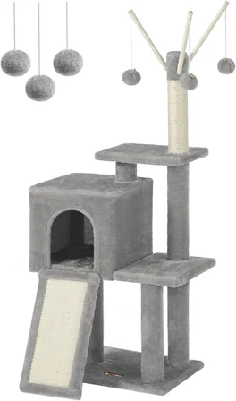 PCT143W01 kedi ağacı, tırmalama tahtalı, 3 çıkarılabilir ponpon çubuğu, 118 cm, açık gri