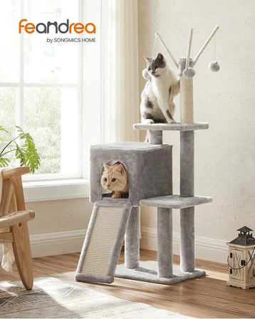 PCT143W01 kedi ağacı, tırmalama tahtalı, 3 çıkarılabilir ponpon çubuğu, 118 cm, açık gri