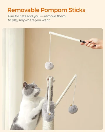 PCT143W01 kedi ağacı, tırmalama tahtalı, 3 çıkarılabilir ponpon çubuğu, 118 cm, açık gri