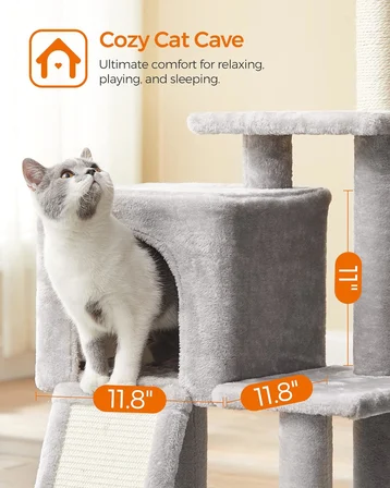 PCT143W01 kedi ağacı, tırmalama tahtalı, 3 çıkarılabilir ponpon çubuğu, 118 cm, açık gri