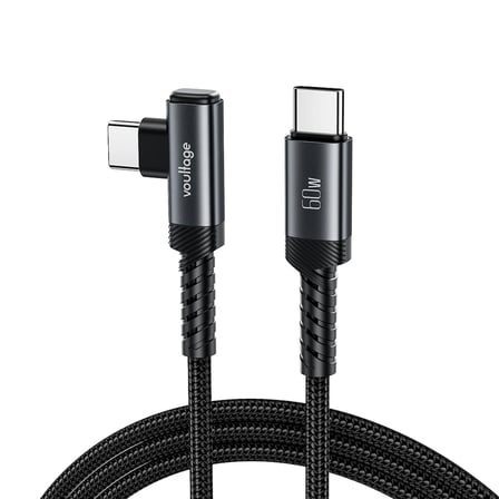 Type-C to Type-C L Uçlu 60W PD Hızlı Şarj Kablosu, 1 Metre, 90° Dirsek Uçlu USB-C Kablo, 3A, 480 Mbps Veri Aktarımı, Örgülü Naylon, Telefon, Tablet ve Bilgisayar Uyumlu – Siyah