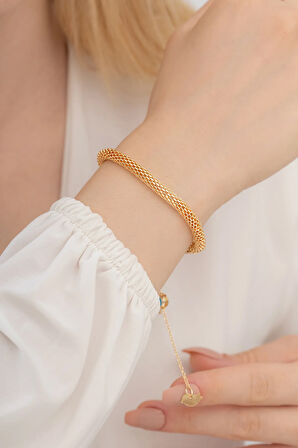 Kadın Bileklik - Altın Kaplama Silindir Hasır Model Kadın Bijuteri Bileklik