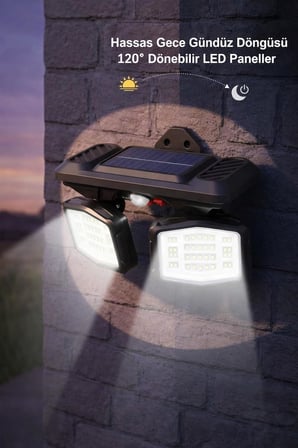 Panter Solar Hareket Sensörlü 72 SMD Beyaz LED Duvar Lambası 800 Lümen, 5W, Çift Başlıklı 120° Ayarlı, Type-C + Güneş Enerjili, 3 Modlu, IP65 Su Geçirmez Bahçe Balkon Dış Mekan Aydınlatma