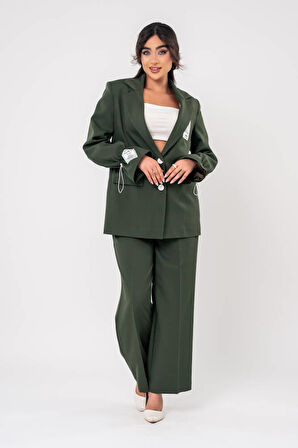 Etiket Baskılı Kol Detaylı Blazer Ceket Palazzo Pantolon Takım TKM16014
