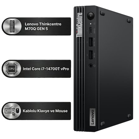 Lenovo ThinkCentre M70q Gen 5 Intel Core i7-14700T 64GB 2TB SSD Freedos Mini Masaüstü Bilgisayar 12TESH46TX 006