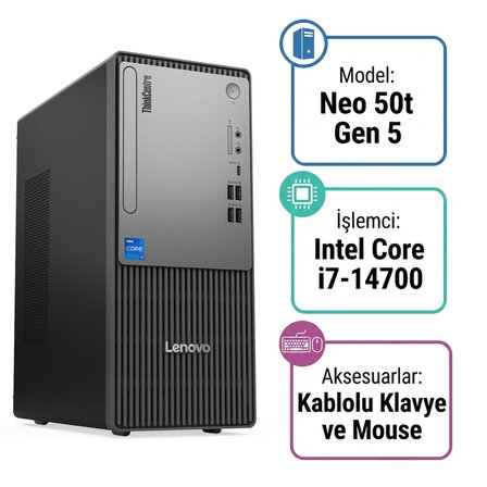 Lenovo ThinkCentre Neo 50t Gen 5 Intel Core i7-14700 16GB 512GB SSD Freedos Masaüstü Bilgisayar 12UAS0MNTX
