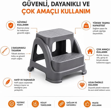 Orret Home 2 Basamaklı Merdiven Tabure Kaydırmaz Ayaklı Sağlam Plastik Basamak, Çocuk ve Yetişkin İçin Lavabo Mutfak Banyo WC Dolap Çok Amaçlı Basamak Taburesi Gri