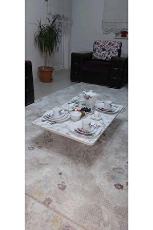 Ahşap Dikdörtgen Yer Sofrası-Hamur Açma Masası Beyaz Mermer 70 x 120 cm