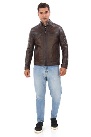 Erkek Dik Yaka Punto Dikişli Hakiki Deri Mont - 2145