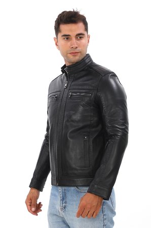 Erkek Dik Yaka Punto Dikişli Gerçek Deri Mont - 2145
