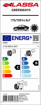 Lassa 175/70R14 84T Greenways C-B-70 Yaz Oto Lastiği (Üretim Yılı: 2024)