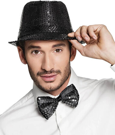 Siyah Payetli Şapka Ve Papyon Seti – Parıltılı Yetişkin Kostüm Seti