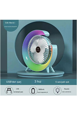 Masaüstü Vantilatör Usb Şarjlı Rgb Led Işıklı 3 Kademeli 180° Ayarlanabilir Soğutucu Fan Mavi