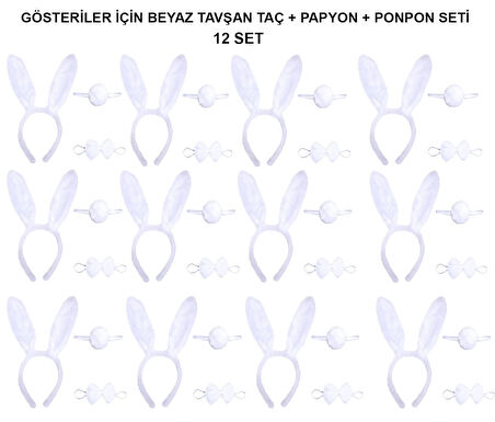 Beyaz Tavşan Kostüm Seti – Taç, Papyon, Kuyruk (12’li Paket)
