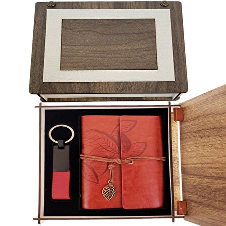 Özel Ahşap Kutulu Kiremit Rengi Deri Defter ve Anahtarlık Set