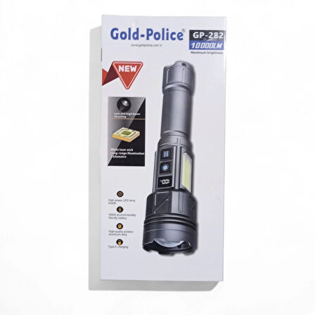Gold-police Gp-282 Uzun Menzilli Güçlü Şarjlı 10000 Lümen El Feneri 11 Mod Çakar Işıklı Kırmızı-mavi-yeşil Led