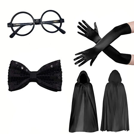 Siyah Kapüşonlu Büyücü Ve Cadı Pelerin Kostüm Seti (4 Parça)