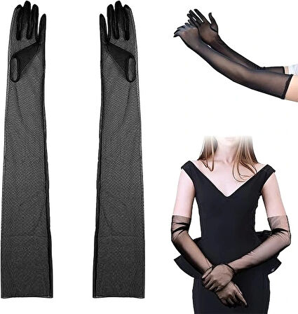 Uzun Boy Likralı Siyah Renk Yetişkin Mega Tül Eldiven 53 Cm