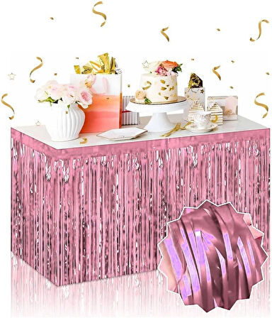 Kendinden Yapışkanlı Rose Gold Metalize Püsküllü Masa Eteği – 75 X 275 Cm Parti Süslemesi