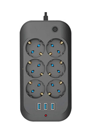 Termal Akım Korumalı, Çocuk Korumalı, 6’lı 2 Mt Uzatma Kablosu 6 X Priz, 3 X Usb