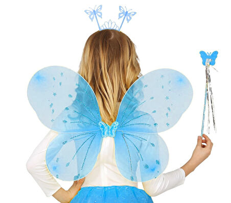 Mavi Kelebek Erkek-kız Seti – 50 Cm Kelebek Kanadı, Taç Ve Asa