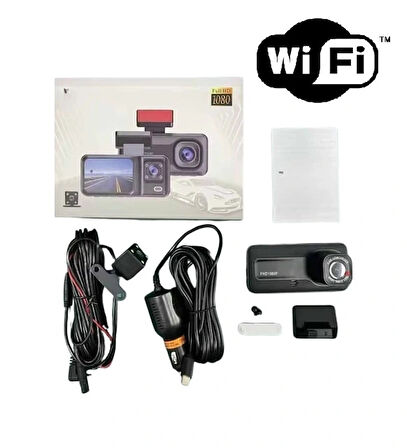 Araç Kamerası - 3 Kameralı Wifi Ön , İç Ve Arka Full Hd Dvr Araç İçi Ekranlı Kamera