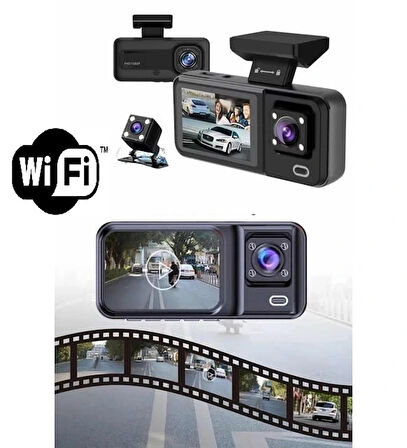 Araç Kamerası - 3 Kameralı Wifi Ön , İç Ve Arka Full Hd Dvr Araç İçi Ekranlı Kamera