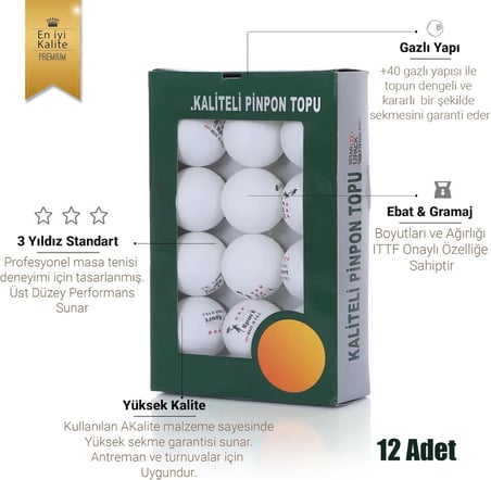 3 Yıldız Masa Tenisi Pinpon Topu +40 Gazlı Yapı Sekme Garantili Profesyonel Pingpong Top 12 Adet