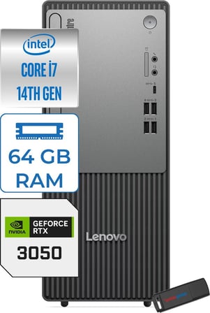Lenovo Thinkcentre Neo 50T Gen 5  Intel® Core™ İ7-14700 64GB Ddr5 512GB SSD 6GB/RTX3050 WIN11PRO Mini Tower Masaüstü Bilgisayar 12UD001UTR23P22+ZETTAUSBBELLEK