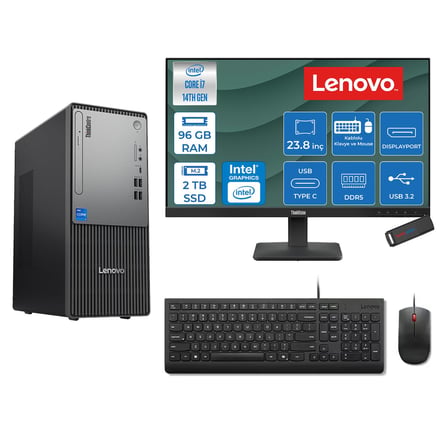 Lenovo Thinkcentre Neo 50T Gen 5  Intel® Core™ İ7-14700 96GB Ddr5 2tb SSD Intel® UHD Graphics 770 Freedos +23.8 Monitör Mini Tower Masaüstü Bilgisayar 2312UD001UTRF34+ZETTAUSBBELLEK