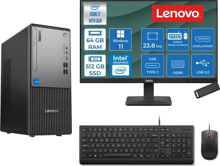 Lenovo Thinkcentre Neo 50T Gen 5  Intel® Core™ İ7-14700 64GB Ddr5 512GB SSD Intel® UHD Graphics 770 WIN11PRO +23.8 Monitör Mini Tower Masaüstü Bilgisayar 2312UD001UTRP22+ZETTAUSBBELLEK