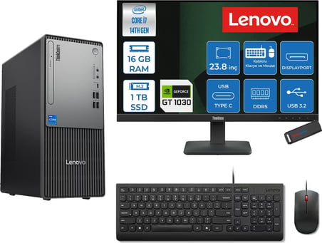Lenovo Thinkcentre Neo 50T Gen 5  Intel® Core™ İ7-14700 16GB Ddr5 1tb SSD 4GB/GT1030  Freedos +23.8 Monitör Mini Tower Masaüstü Bilgisayar 2312UD001UTR21F03+ZETTAUSBBELLEK