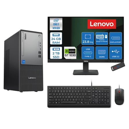 Lenovo Thinkcentre Neo 50T Gen 5  Intel® Core™ İ7-14700 24GB Ddr5 2tb SSD 4GB/GT1030  Freedos +23.8 Monitör Mini Tower Masaüstü Bilgisayar 2312UD001UTR21F09+ZETTAUSBBELLEK