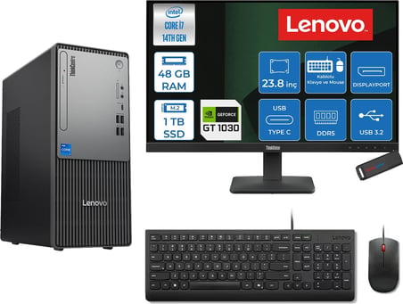 Lenovo Thinkcentre Neo 50T Gen 5  Intel® Core™ İ7-14700 48GB Ddr5 1tb SSD 4GB/GT1030  Freedos +23.8 Monitör Mini Tower Masaüstü Bilgisayar 2312UD001UTR21F18+ZETTAUSBBELLEK