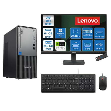 Lenovo Thinkcentre Neo 50T Gen 5  Intel® Core™ İ7-14700 64GB Ddr5 256GB SSD 4GB/GT1030  WIN11HOME +23.8 Monitör Mini Tower Masaüstü Bilgisayar 2312UD001UTR21H21+ZETTAUSBBELLEK