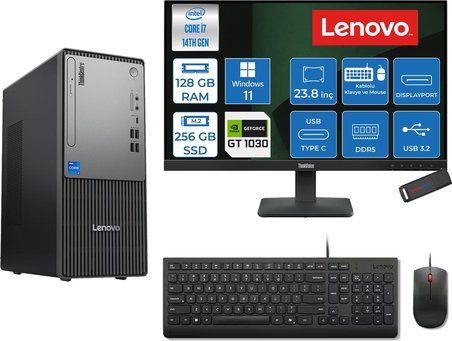 Lenovo Thinkcentre Neo 50T Gen 5  Intel® Core™ İ7-14700 128GB Ddr5 256GB SSD 4GB/GT1030  WIN11PRO +23.8 Monitör Mini Tower Masaüstü Bilgisayar 2312UD001UTR21P36+ZETTAUSBBELLEK