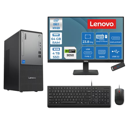 Lenovo Thinkcentre Neo 50T Gen 5  Intel® Core™ İ7-14700 64GB Ddr5 4tb SSD 6GB/RTX3050 Freedos +23.8 Monitör Mini Tower Masaüstü Bilgisayar 2312UD001UTR23F25+ZETTAUSBBELLEK