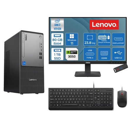Lenovo Thinkcentre Neo 50T Gen 5  Intel® Core™ İ7-14700 80GB Ddr5 1tb SSD 6GB/RTX3050 WIN11HOME +23.8 Monitör Mini Tower Masaüstü Bilgisayar 2312UD001UTR23H28+ZETTAUSBBELLEK