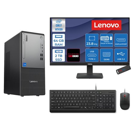 Lenovo Thinkcentre Neo 50T Gen 5  Intel® Core™ İ7-14700 64GB Ddr5 2tb SSD 4GB/RX550 Freedos +23.8 Monitör Mini Tower Masaüstü Bilgisayar 2312UD001UTR27F24+ZETTAUSBBELLEK