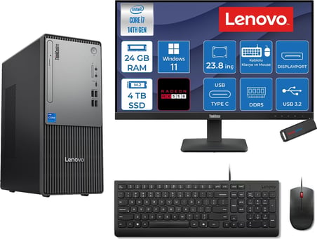 Lenovo Thinkcentre Neo 50T Gen 5  Intel® Core™ İ7-14700 24GB Ddr5 4tb SSD 4GB/RX550 WIN11HOME +23.8 Monitör Mini Tower Masaüstü Bilgisayar 2312UD001UTR27H10+ZETTAUSBBELLEK