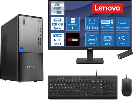 Lenovo Thinkcentre Neo 50T Gen 5  Intel® Core™ İ7-14700 128GB Ddr5 4tb SSD 4GB/RX550 WIN11HOME +23.8 Monitör Mini Tower Masaüstü Bilgisayar 2312UD001UTR27H40+ZETTAUSBBELLEK